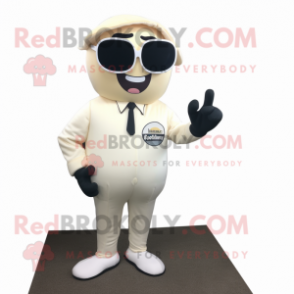 Cream Attorney mascot costume character dressed with a Jumpsuit and Sunglasses