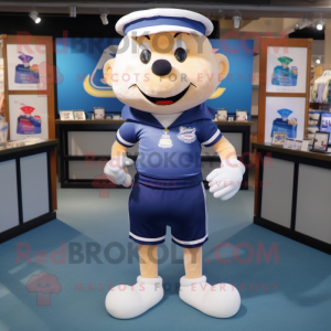 Navy Candy mascot costume character dressed with a Running Shorts and Suspenders