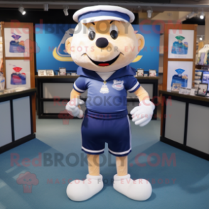 Navy Candy mascot costume character dressed with a Running Shorts and Suspenders