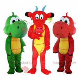 3 mascottes de dragons célèbres, costumes de dragons colorés -
