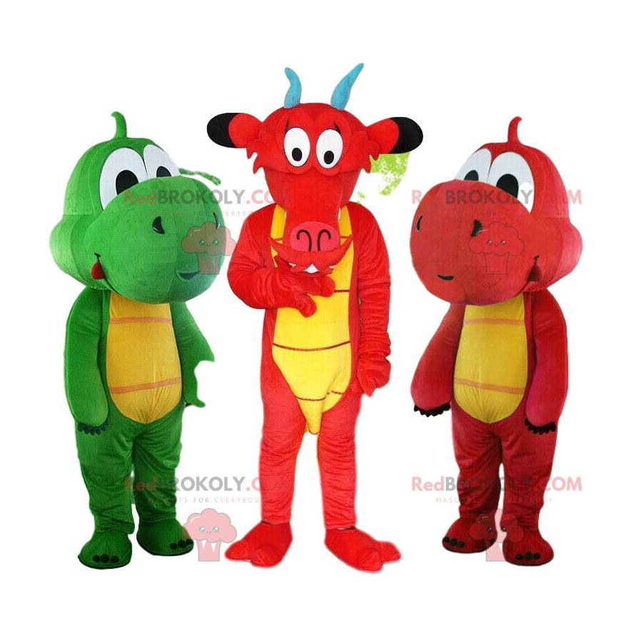 3 famosas mascotas de dragones, coloridos trajes de dragones -