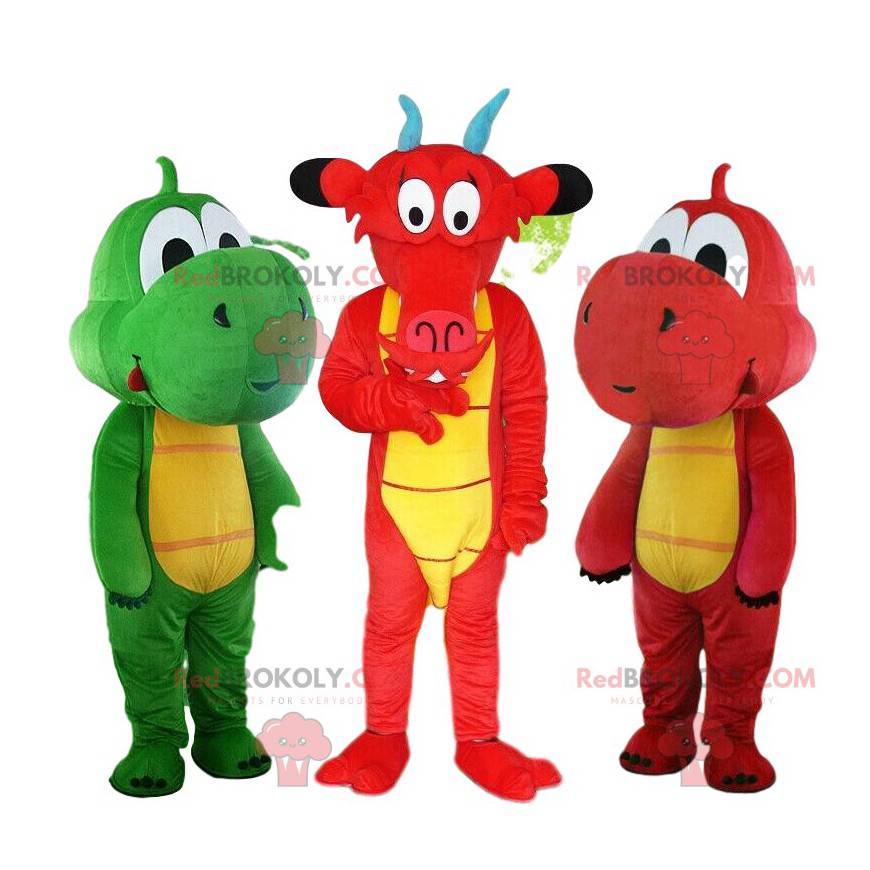 3 famous dragon mascots, colorful dragon costumes -