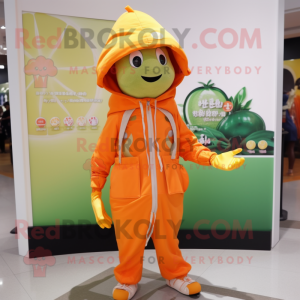 Orange Melon mascot costume character dressed with a Raincoat and Bracelet watches