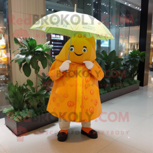 Orange Melon mascot costume character dressed with a Raincoat and Bracelet watches