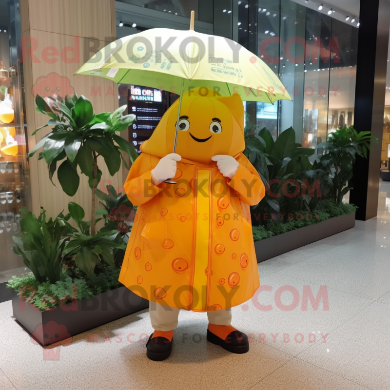Orange Melon mascot costume character dressed with a Raincoat and Bracelet watches