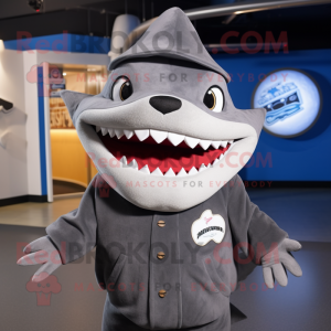 Gray Shark mascot costume character dressed with a Cover-up and Hat pins