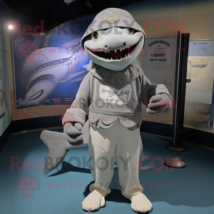 Gray Shark mascot costume character dressed with a Cover-up and Hat pins