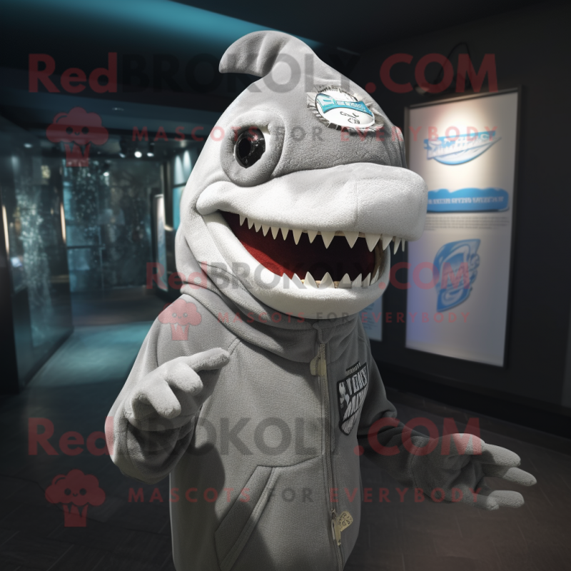 Gray Shark mascot costume character dressed with a Cover-up and Hat pins Gray Shark mascot costume character dressed with a Cover-up and Hat pins