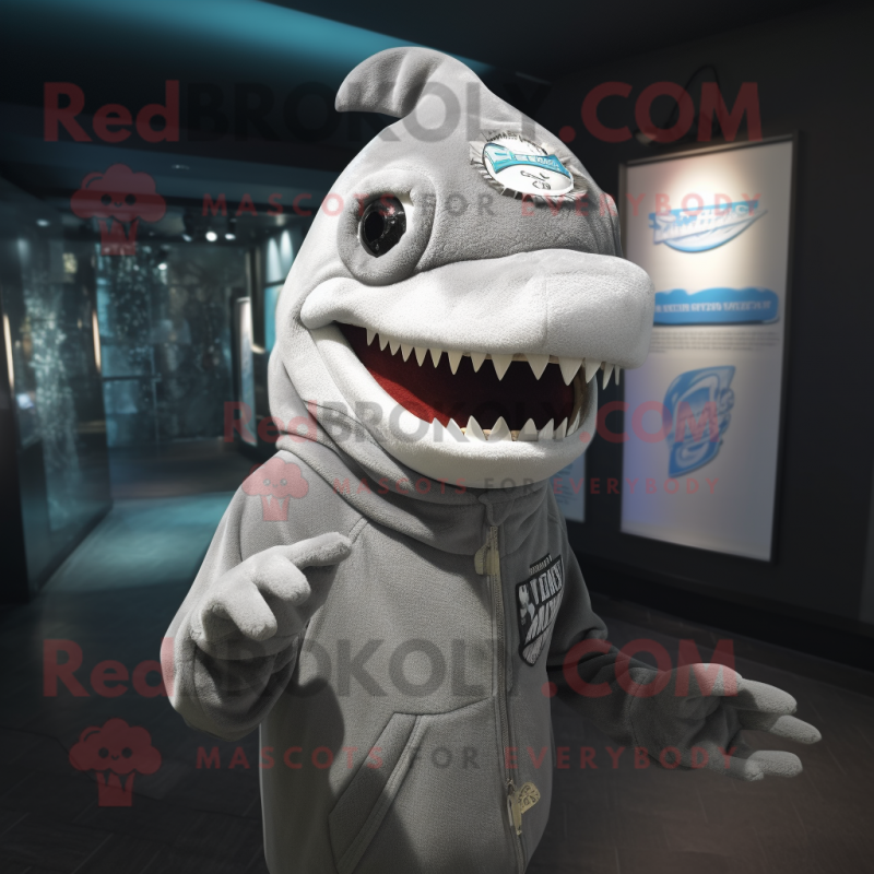 Gray Shark mascot costume character dressed with a Cover-up and Hat pins