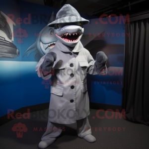 Gray Shark mascot costume character dressed with a Cover-up and Hat pins