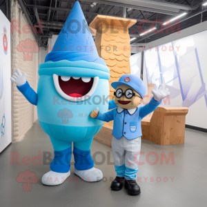 Blue Ice Cream Cone mascot costume character dressed with a Overalls and Messenger bags