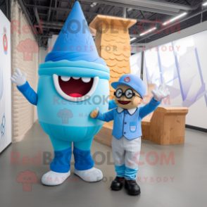 Blue Ice Cream Cone mascot costume character dressed with a Overalls and Messenger bags