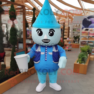 Blue Ice Cream Cone mascot costume character dressed with a Overalls and Messenger bags