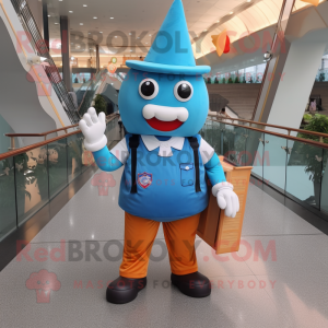 Blue Ice Cream Cone mascot costume character dressed with a Overalls and Messenger bags