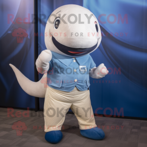 Beige Blue Whale mascot costume character dressed with a Jeans and Wraps