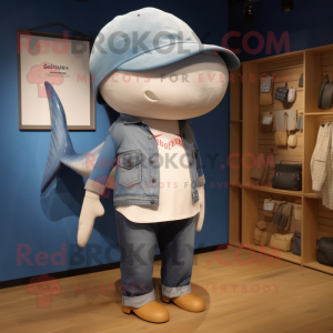 Beige Blue Whale mascot costume character dressed with a Jeans and Wraps