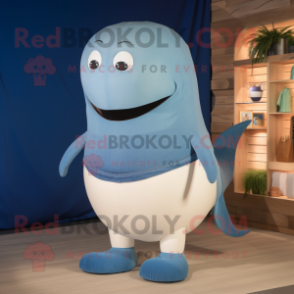 Beige Blue Whale mascot costume character dressed with a Jeans and Wraps