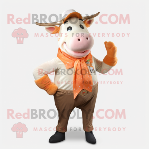 Peach Bull mascot costume character dressed with a Waistcoat and Scarves