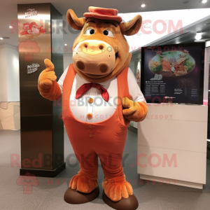 Peach Bull mascot costume character dressed with a Waistcoat and Scarves