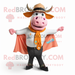 Peach Bull mascot costume character dressed with a Waistcoat and Scarves