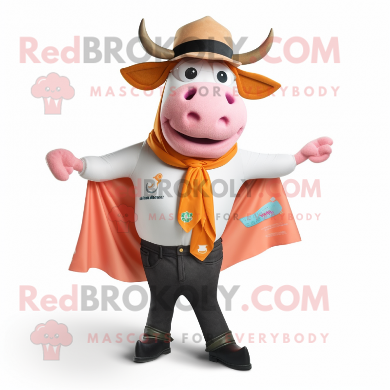 Peach Bull mascot costume character dressed with a Waistcoat and Scarves Peach Bull mascot costume character dressed with a Waistcoat and Scarves