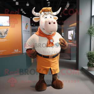 Peach Bull mascot costume character dressed with a Waistcoat and Scarves