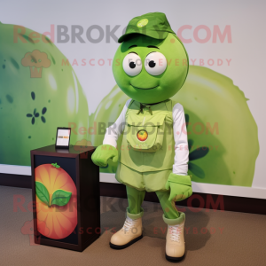 Green Tomato mascot costume character dressed with a Polo Tee and Messenger bags