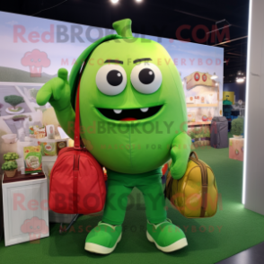 Green Tomato mascot costume character dressed with a Polo Tee and Messenger bags