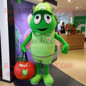 Green Tomato mascot costume character dressed with a Polo Tee and Messenger bags