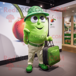 Green Tomato mascot costume character dressed with a Polo Tee and Messenger bags