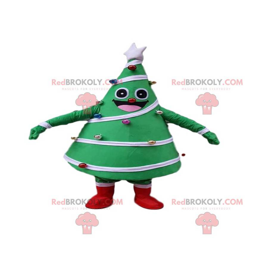 Mascot decorado y árbol verde festivo, traje de árbol de