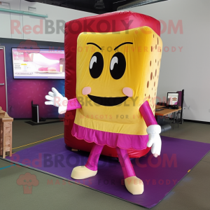 Magenta Grilled Cheese Sandwich mascot costume character dressed with a Bootcut Jeans and Shoe laces