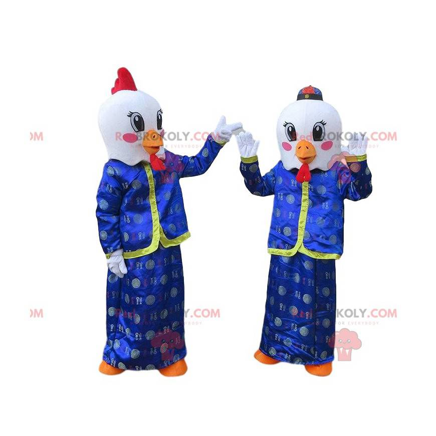 Mascots of white chickens in Asian outfits, roosters costumes -
