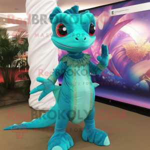 Turquoise Geckos mascot costume character dressed with a Evening Gown and Foot pads