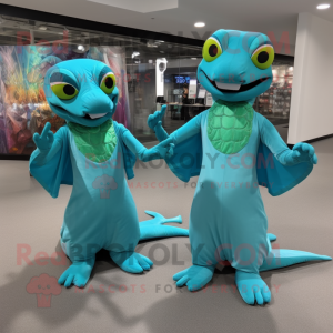 Turquoise Geckos mascot costume character dressed with a Evening Gown and Foot pads