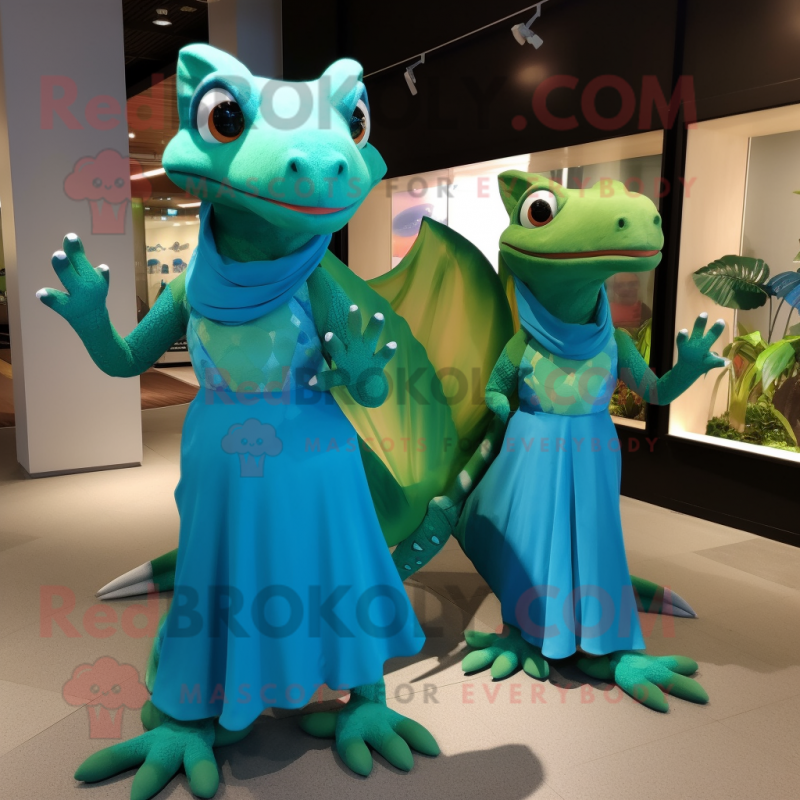 Turquoise Geckos mascot costume character dressed with a Evening Gown and Foot pads