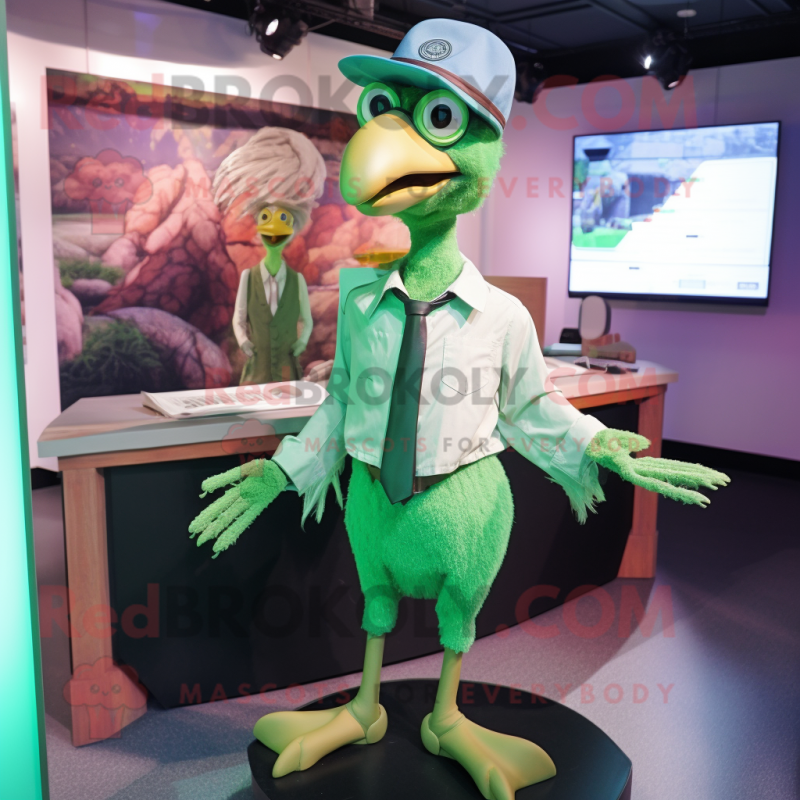 Green Archeopteryx mascot costume character dressed with a Romper and Ties