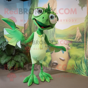 Green Archeopteryx mascot costume character dressed with a Romper and Ties