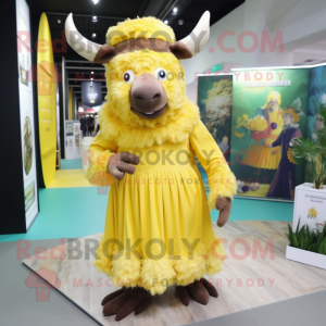 Yellow Woolly Rhinoceros mascot costume character dressed with a Maxi Dress and Berets