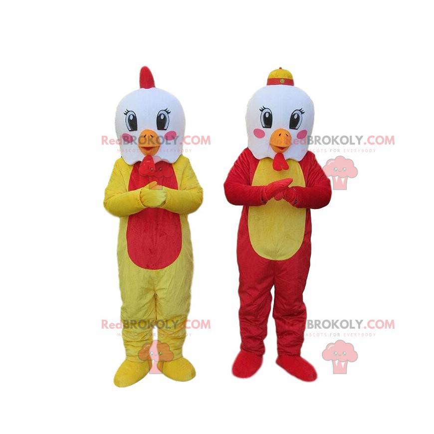Mascotes de galinhas brancas com corpos coloridos, fantasias de Mascotes de galinhas brancas com corpos coloridos, fantasias de