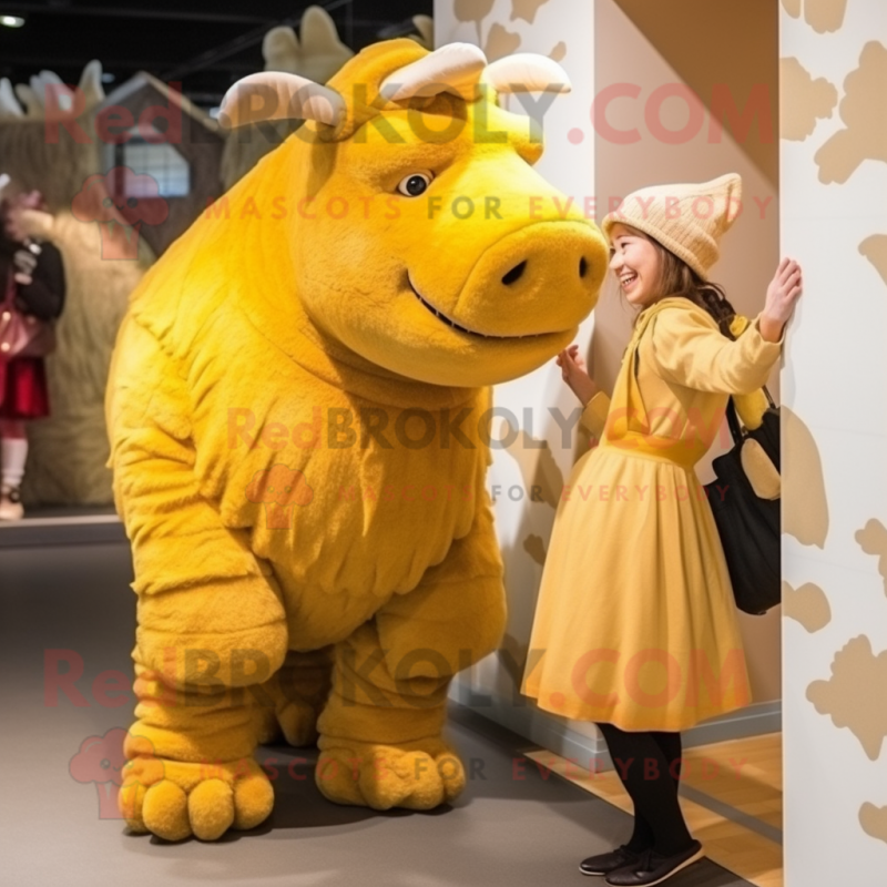 Yellow Woolly Rhinoceros mascot costume character dressed with a Maxi Dress and Berets