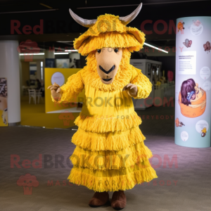 Yellow Woolly Rhinoceros mascot costume character dressed with a Maxi Dress and Berets