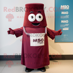 Maroon Miso Soup mascot costume character dressed with a Wrap Dress and Caps