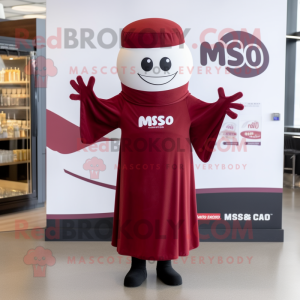 Maroon Miso Soup mascot costume character dressed with a Wrap Dress and Caps