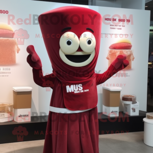 Maroon Miso Soup mascot costume character dressed with a Wrap Dress and Caps