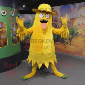 Yellow Kraken mascot costume character dressed with a Vest and Hats