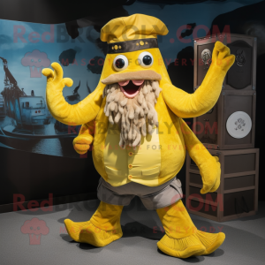 Yellow Kraken mascot costume character dressed with a Vest and Hats