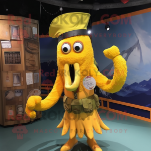 Yellow Kraken mascot costume character dressed with a Vest and Hats