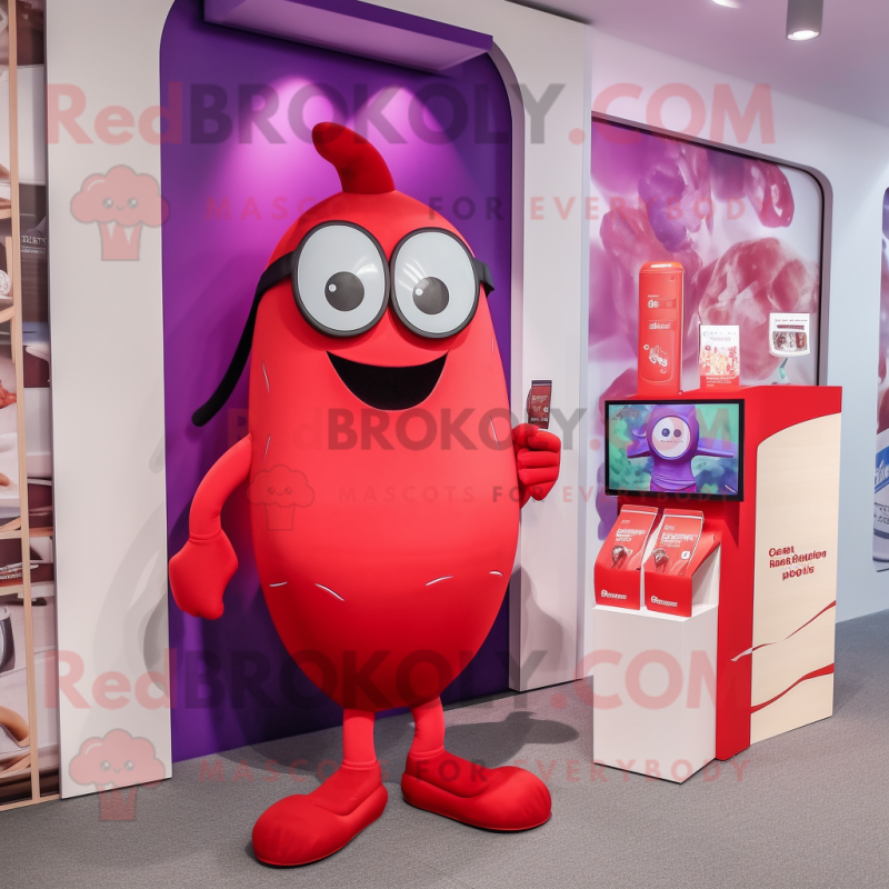 Red Eggplant mascot costume character dressed with a Swimwear and Clutch bags Red Eggplant mascot costume character dressed with a Swimwear and Clutch bags