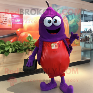 Red Eggplant mascot costume character dressed with a Swimwear and Clutch bags